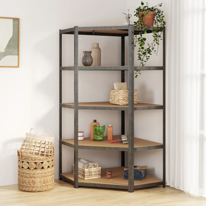 Scaffale Angolare Resistente Robusto Organizer 5 Ripiani Grigio Acciaio e Legno