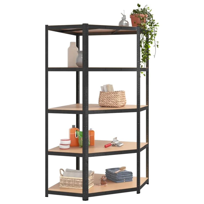 Scaffale Angolare Resistente Robusto Organizer 5 Ripiani Grigio Acciaio e Legno
