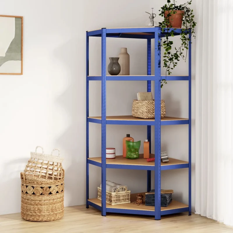 Scaffale Angolare 5 Strati Colore Blu in Acciaio e Mensole in Legno Multistrato