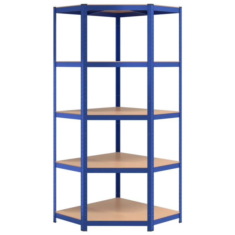 Scaffale Angolare 5 Strati Colore Blu in Acciaio e Mensole in Legno Multistrato