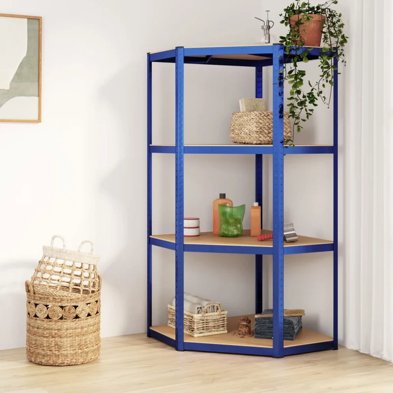 Scaffale Angolare 4 Ripiani in Acciaio e Mensola in Legno Multistrato Colore Blu