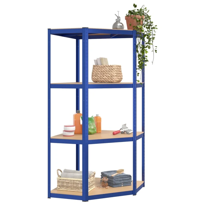 Scaffale Angolare 4 Ripiani in Acciaio e Mensola in Legno Multistrato Colore Blu