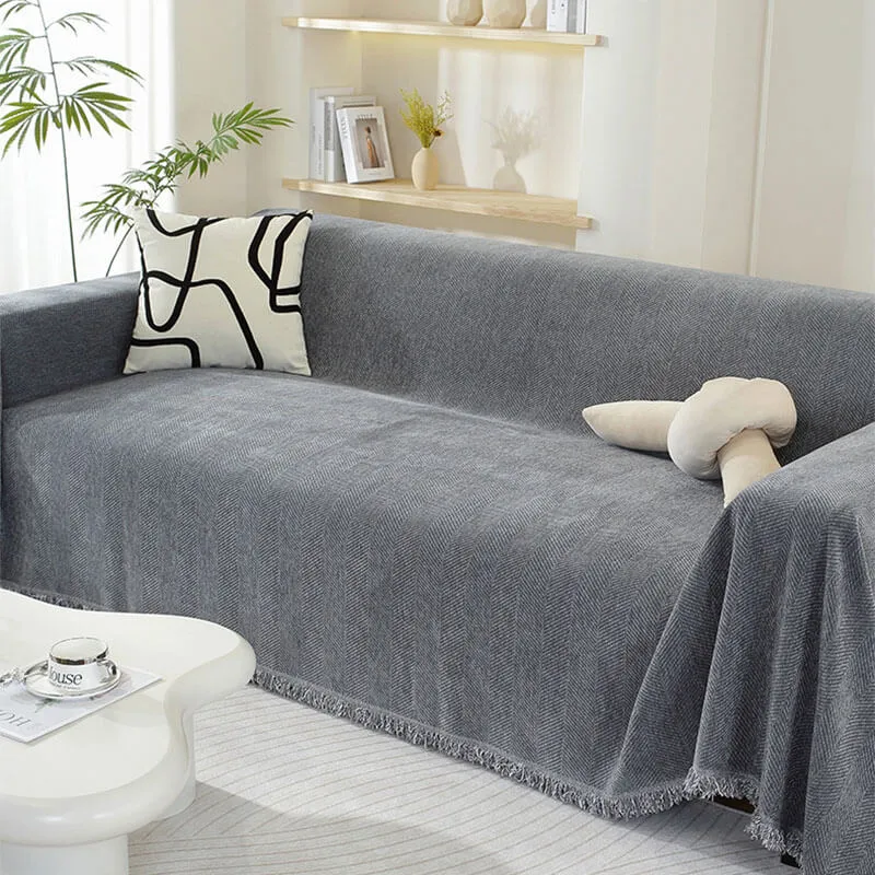 Herringbone Sofa Cover with Fringes Protective Decorative Throw