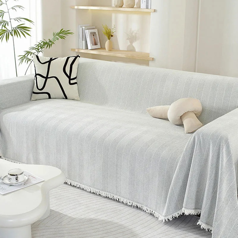 Herringbone Sofa Cover with Fringes Protective Decorative Throw