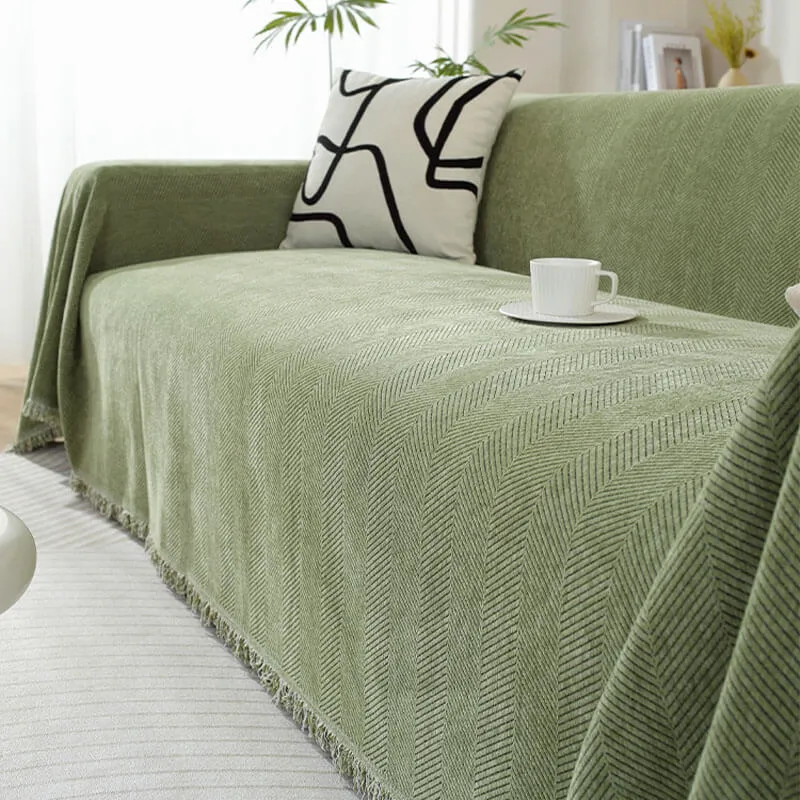 Herringbone Sofa Cover with Fringes Protective Decorative Throw