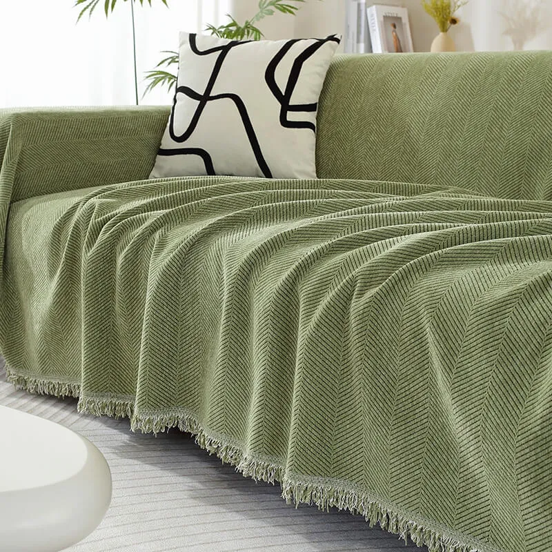 Herringbone Sofa Cover with Fringes Protective Decorative Throw