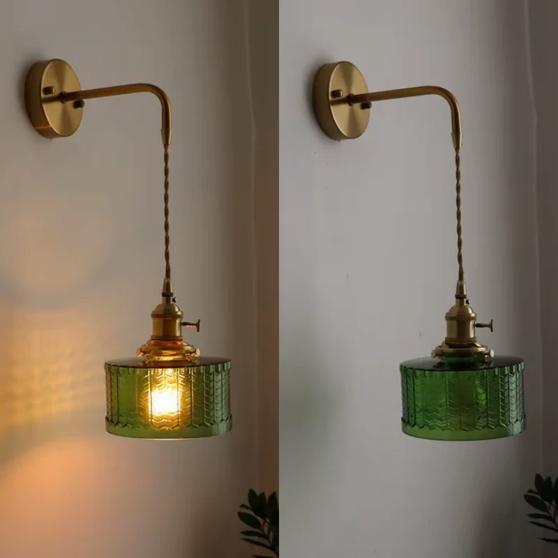LED Wall Lamp Japanese Style Green Glass Copper Frame