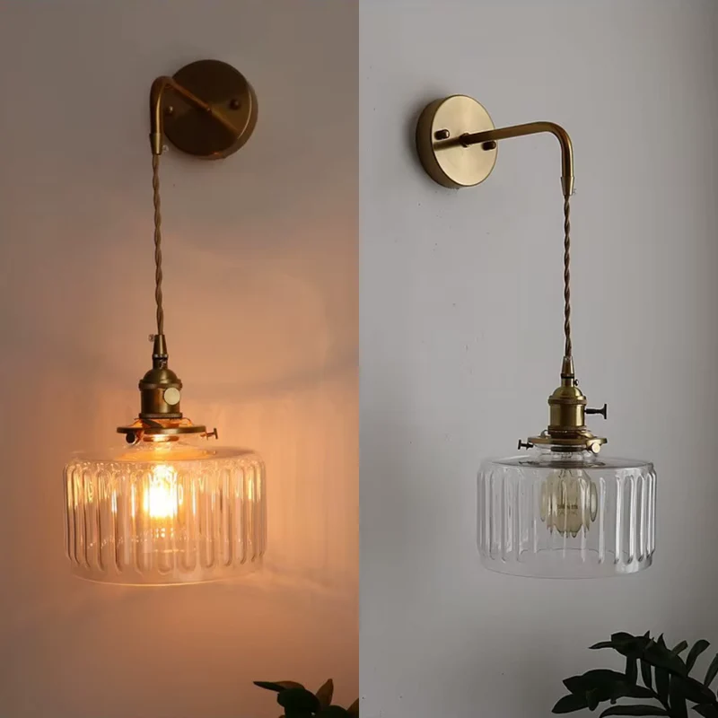 LED Wall Lamp Japanese Style Green Glass Copper Frame