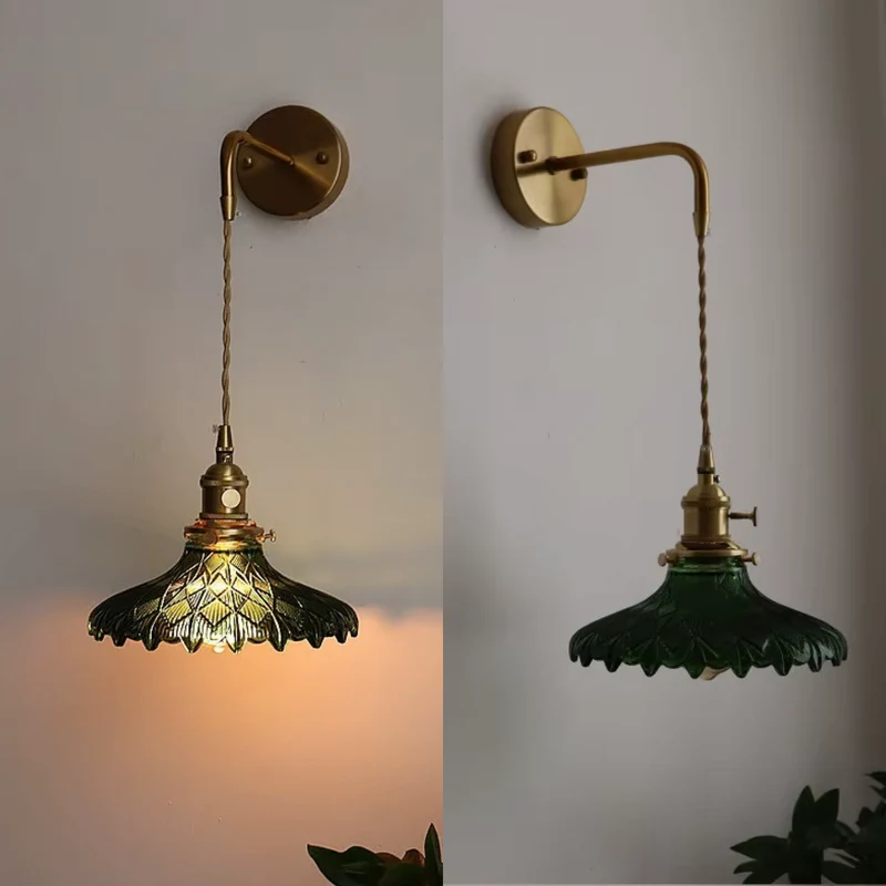 LED Wall Lamp Japanese Style Green Glass Copper Frame