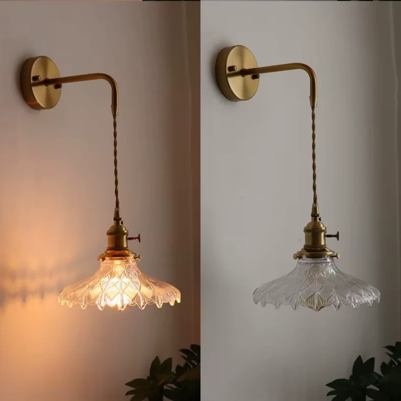 LED Wall Lamp Japanese Style Green Glass Copper Frame