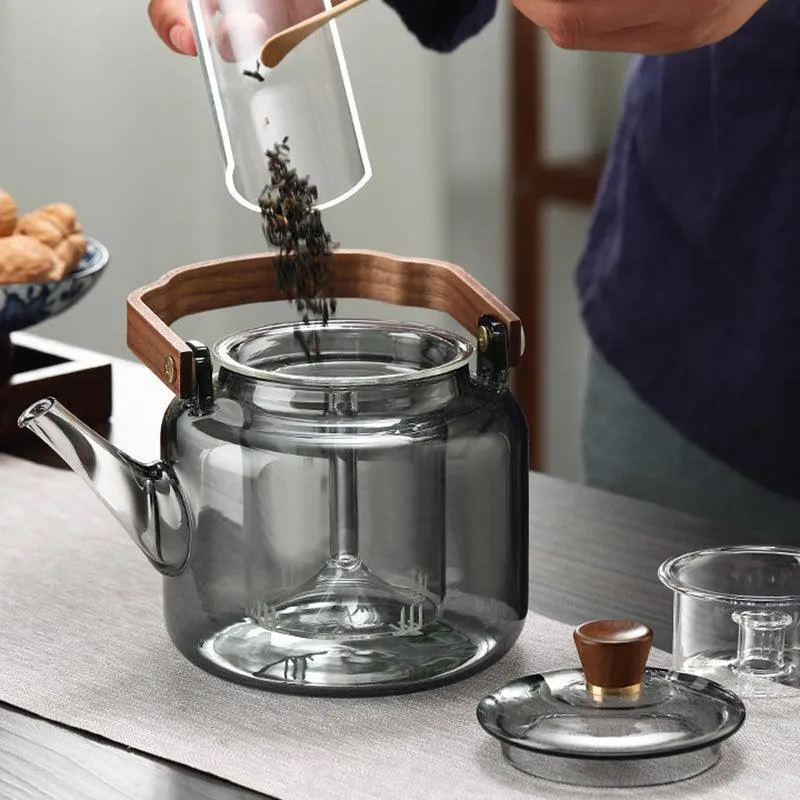 Glass Tea Kettle 1.2L Smoked Finish with Lid and Filter