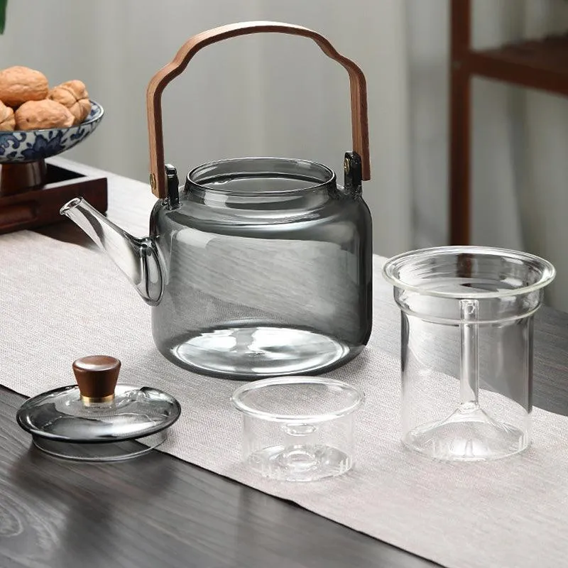 Glass Tea Kettle 1.2L Smoked Finish with Lid and Filter