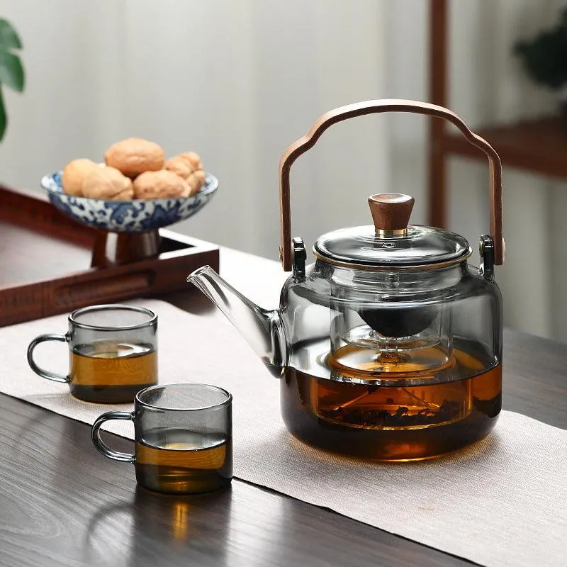 Glass Tea Kettle 1.2L Smoked Finish with Lid and Filter