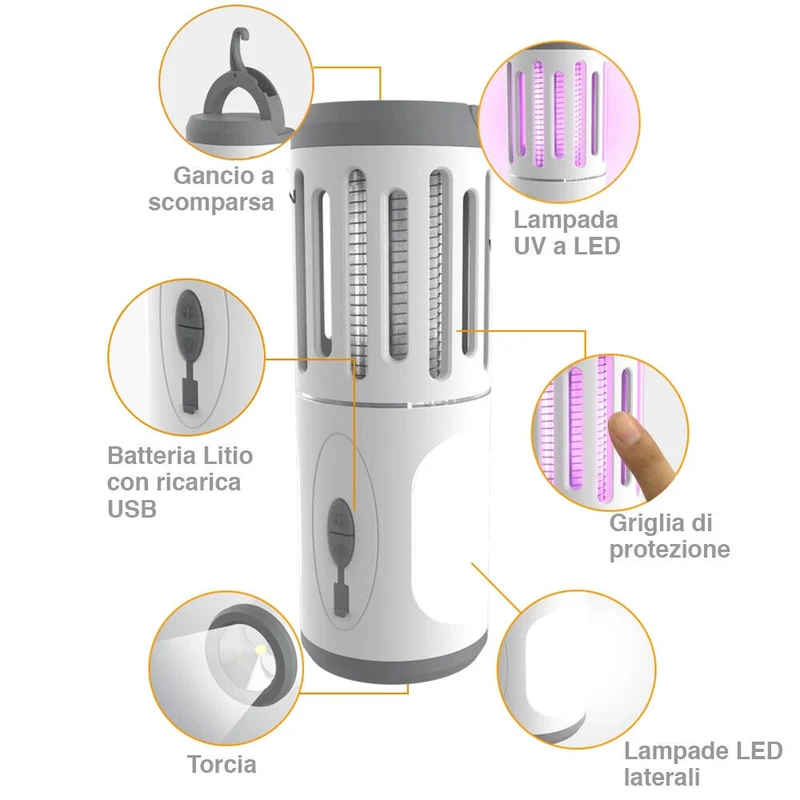 Zanzariera Elettrica Lampada Torcia LED Campeggio Anti Zanzar Batteria Litio USB