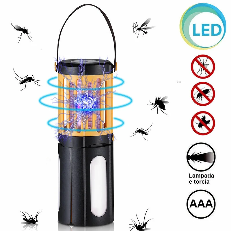 Zanzariera Elettrica Lampada Torcia LED da Campeggio Anti Zanzare Batteria AA