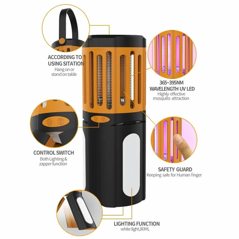 Zanzariera Elettrica Lampada Torcia LED da Campeggio Anti Zanzare Batteria AA