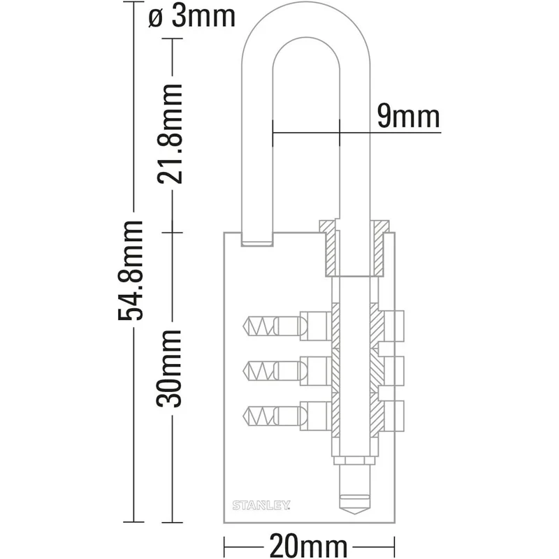 Stanley Lucchetto a Combinazione Arco 20 mm a 3 Cifre Corpo Ottone per Armadietti