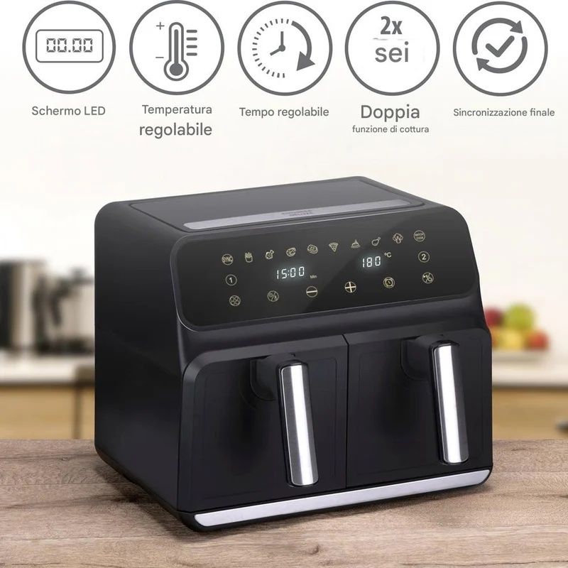 Double Air Fryer Friggitrice Aria Calda 8 L Display Digitale 1700W Sync Finish