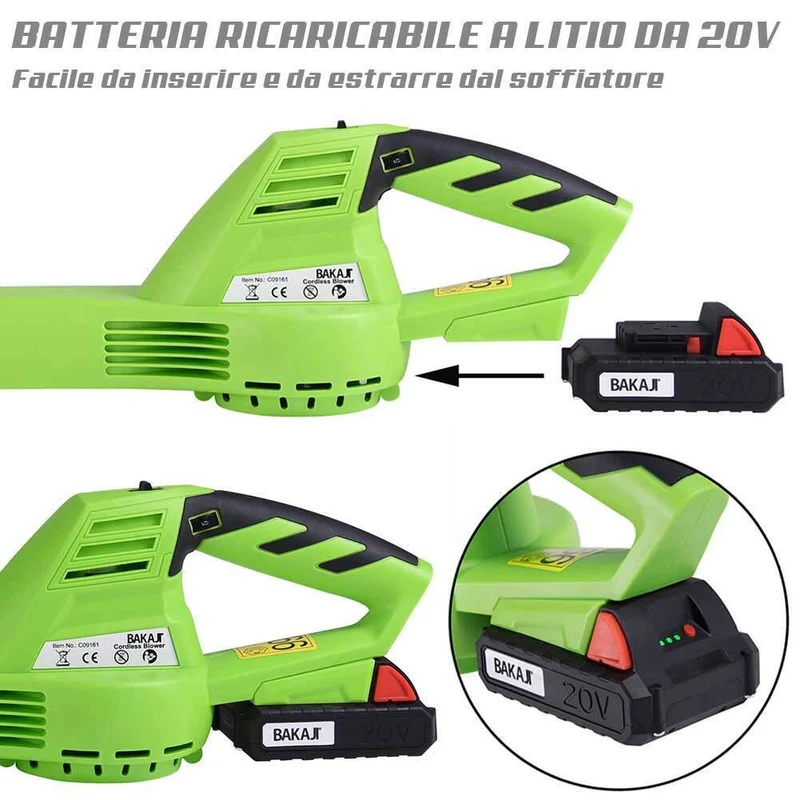 Soffiatore Elettrico con Batteria Litio 20V 2ah Ricaricabile per Foglie Giardino