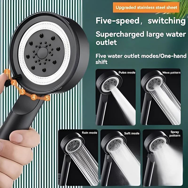 High-pressure shower head with 5 spray modes and automatic water shut-off