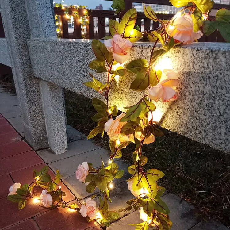 Waterproof outdoor LED lamp with rose-shaped string lights