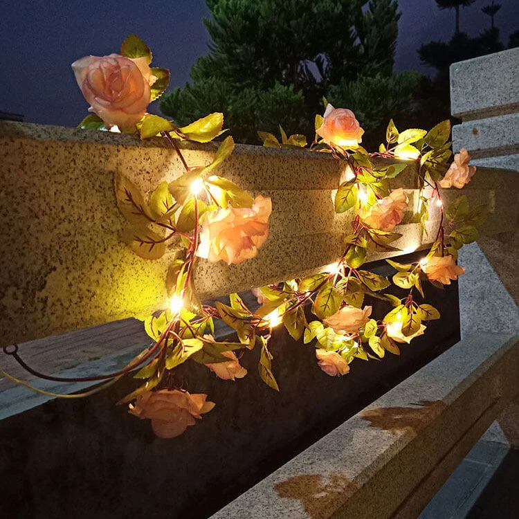 Waterproof outdoor LED lamp with rose-shaped string lights
