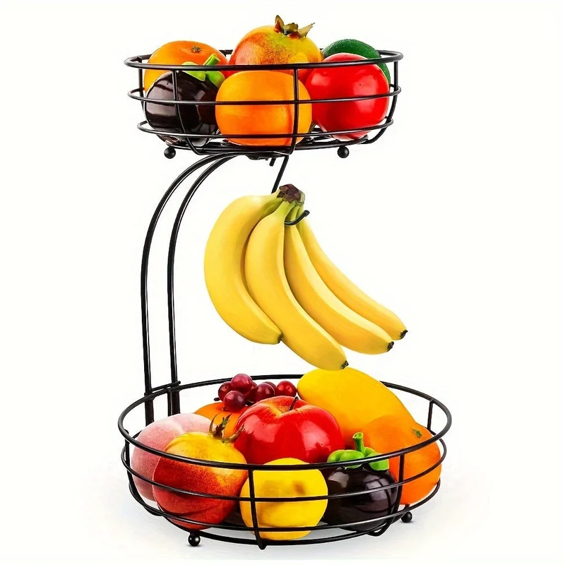 2-Laags Fruitmand met Bananenhouder – Metalen Keuken Organizer met Ovale Vorm
