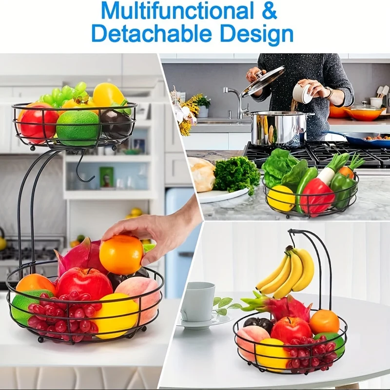 2-Laags Fruitmand met Bananenhouder – Metalen Keuken Organizer met Ovale Vorm