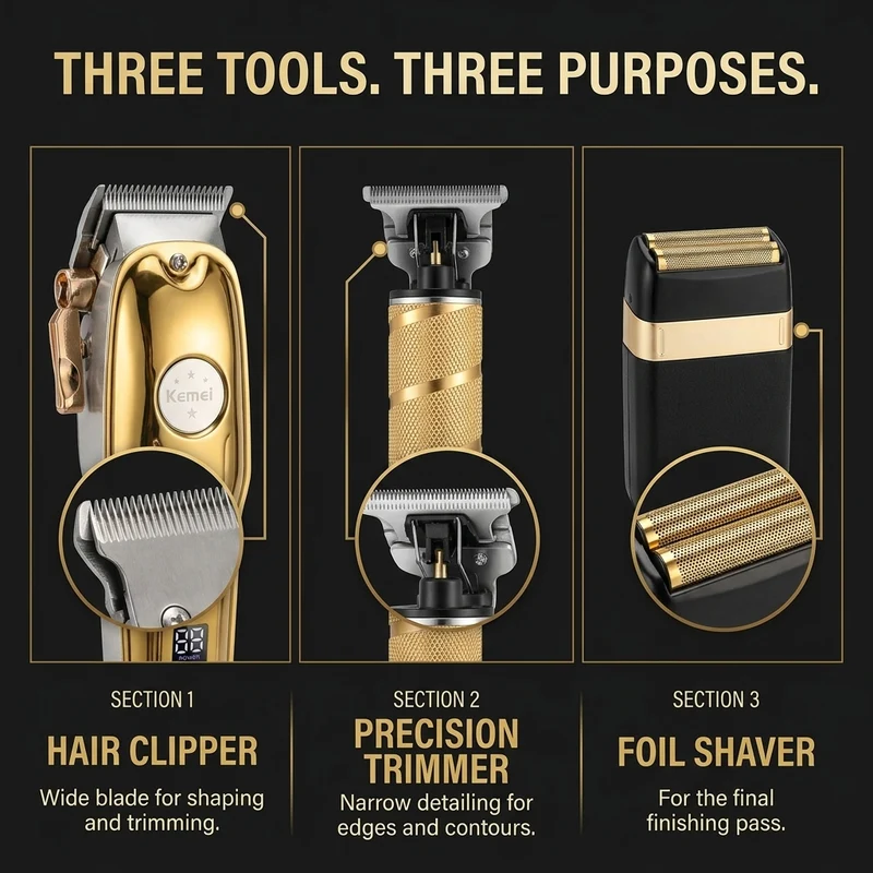 3-in-1 Haartrimmer Set – Draadloze Trimmer, T-Blade Outliner & Foil Scheerapparaat
