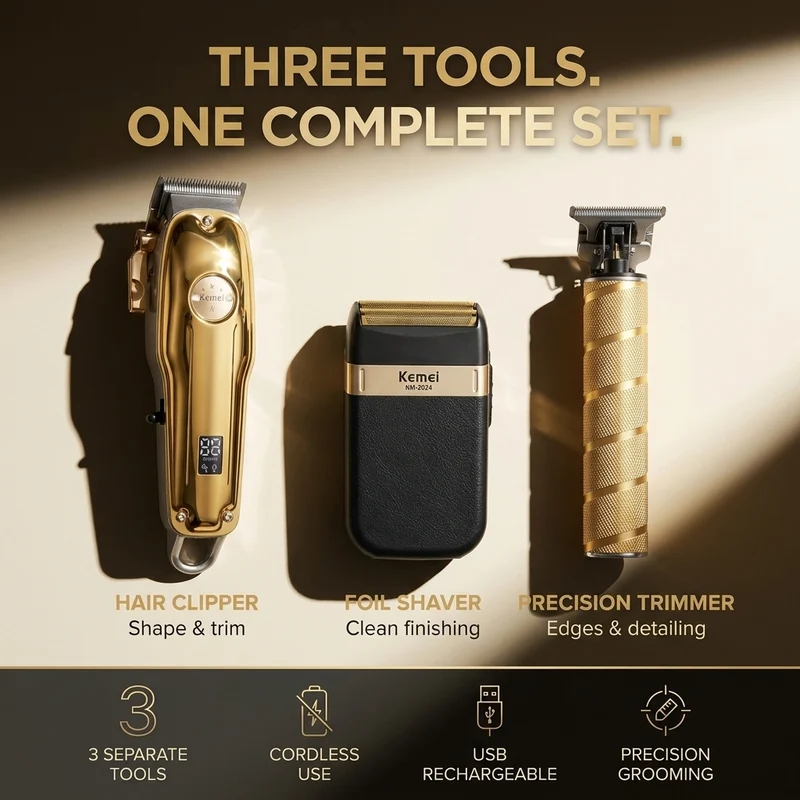 3-in-1 Haartrimmer Set – Draadloze Trimmer, T-Blade Outliner & Foil Scheerapparaat