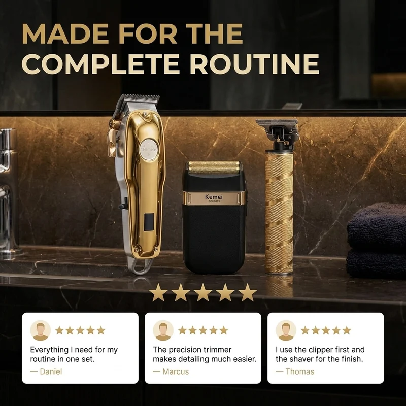 3-in-1 Haartrimmer Set – Draadloze Trimmer, T-Blade Outliner & Foil Scheerapparaat
