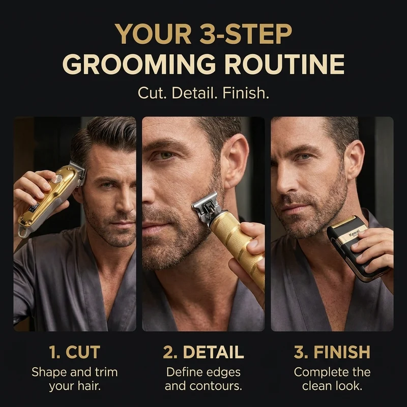 3-in-1 Haartrimmer Set – Draadloze Trimmer, T-Blade Outliner & Foil Scheerapparaat