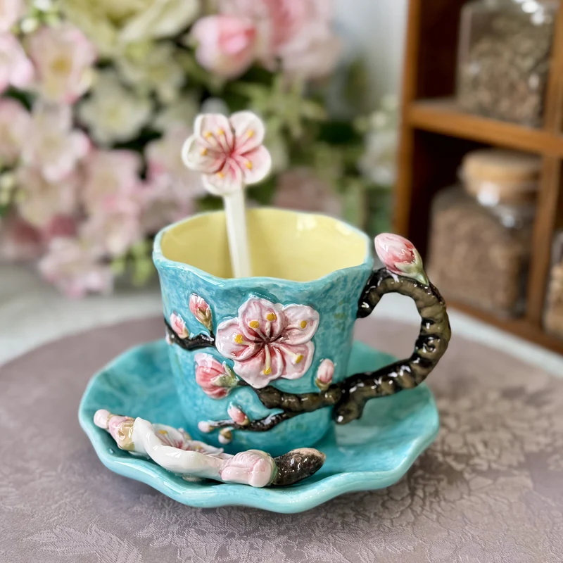 Keramische Kop & Schotel Set – Handgeschilderde 3D Mok met Lepel