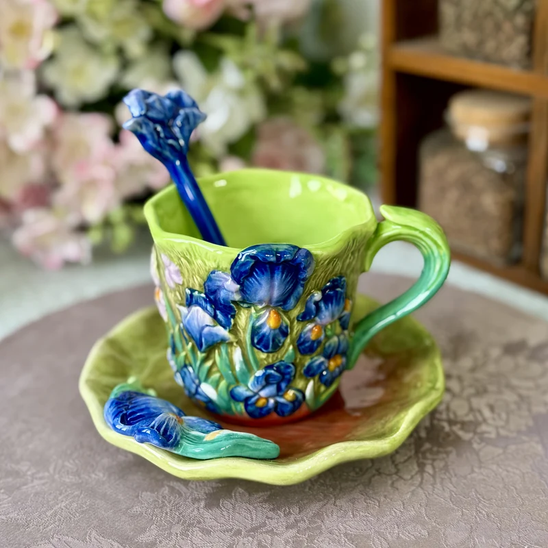 Keramische Kop & Schotel Set – Handgeschilderde 3D Mok met Lepel