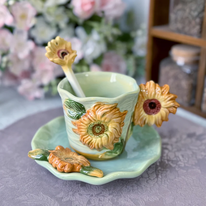 Keramische Kop & Schotel Set – Handgeschilderde 3D Mok met Lepel