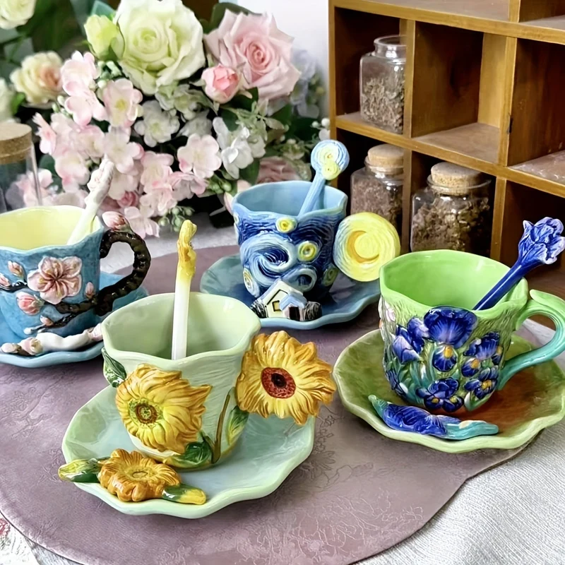 Keramische Kop & Schotel Set – Handgeschilderde 3D Mok met Lepel