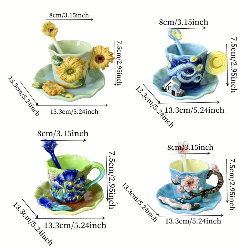Keramische Kop & Schotel Set – Handgeschilderde 3D Mok met Lepel