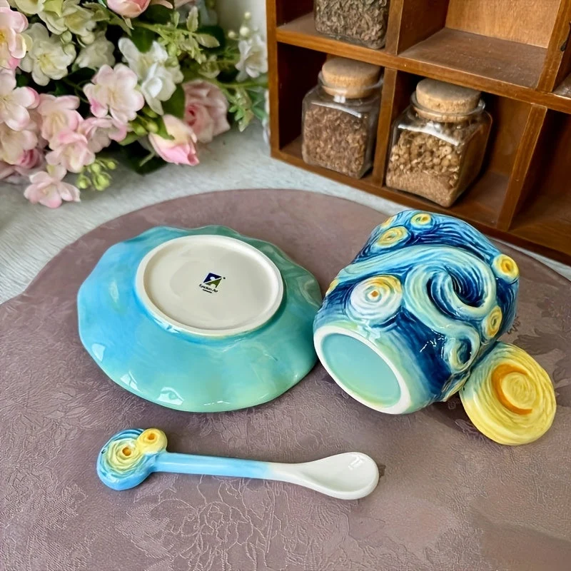 Keramische Kop & Schotel Set – Handgeschilderde 3D Mok met Lepel