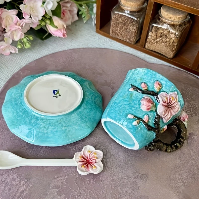 Keramische Kop & Schotel Set – Handgeschilderde 3D Mok met Lepel