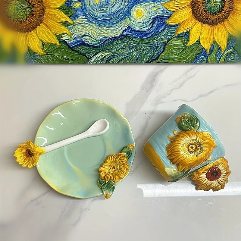 Keramische Kop & Schotel Set – Handgeschilderde 3D Mok met Lepel