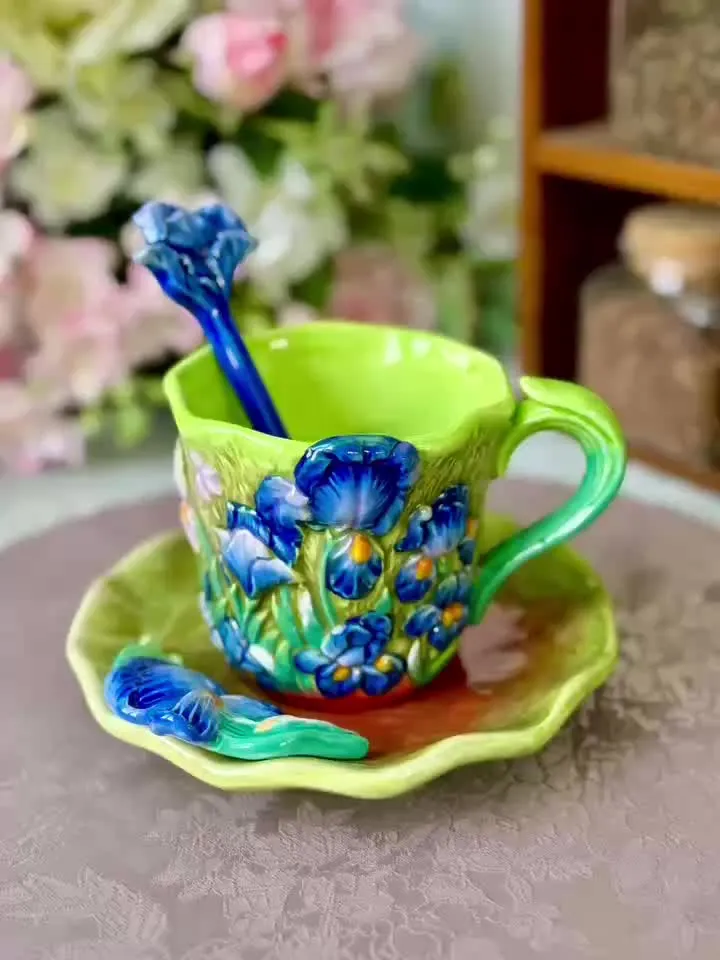 Keramische Kop & Schotel Set – Handgeschilderde 3D Mok met Lepel