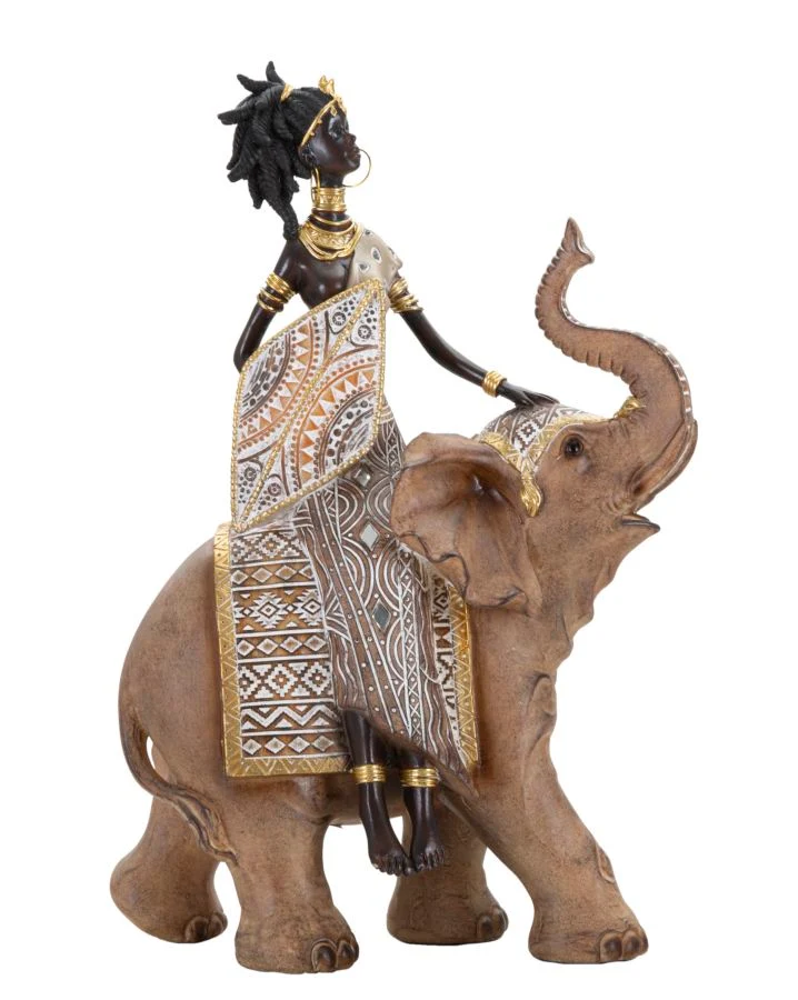 Statua Decorativa Masai Tribal con Elefante 22,5x12x32,5 cm in Resina Oro Multicolor Marrone