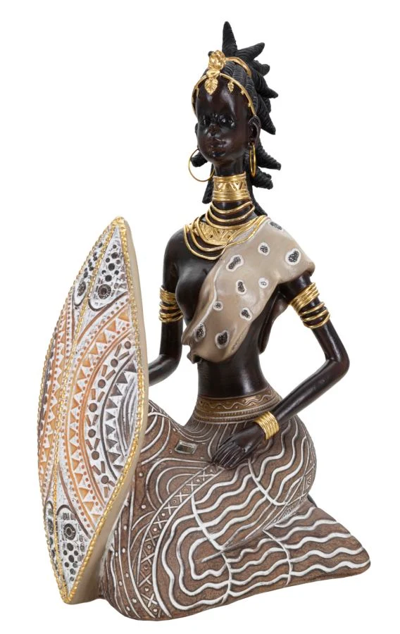 Statua Decorativa Masai Tribal con Scudo 13,5x9x24,5 cm in Resina Oro Multicolor Marrone