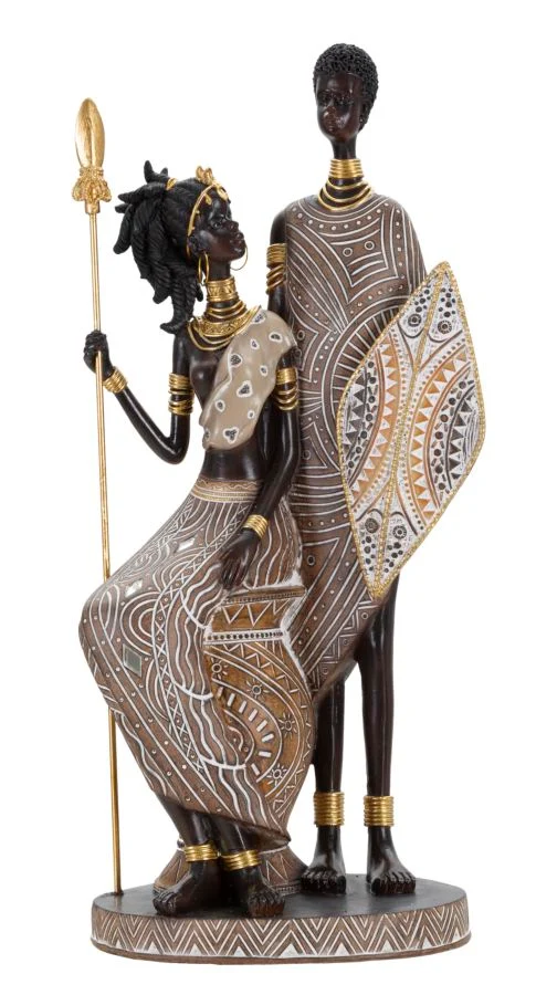 Statua Decorativa Masai Tribal Famiglia 16,5x11,5x38 cm in Resina Oro Multicolor Marrone