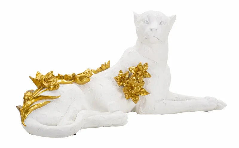 Decorazione Leopardo 53x21,5x24 in Resina Bianco e Oro