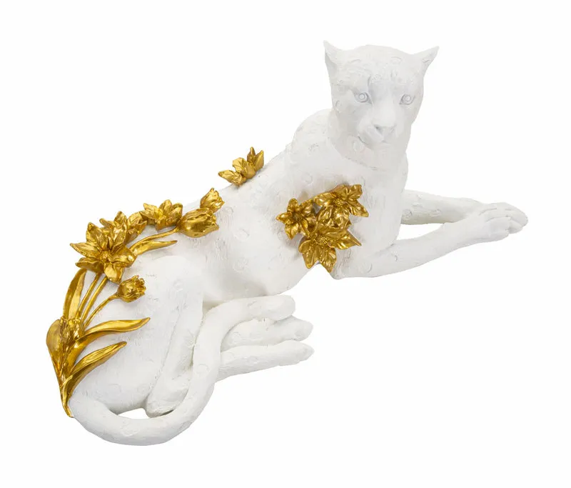 Decorazione Leopardo 53x21,5x24 in Resina Bianco e Oro