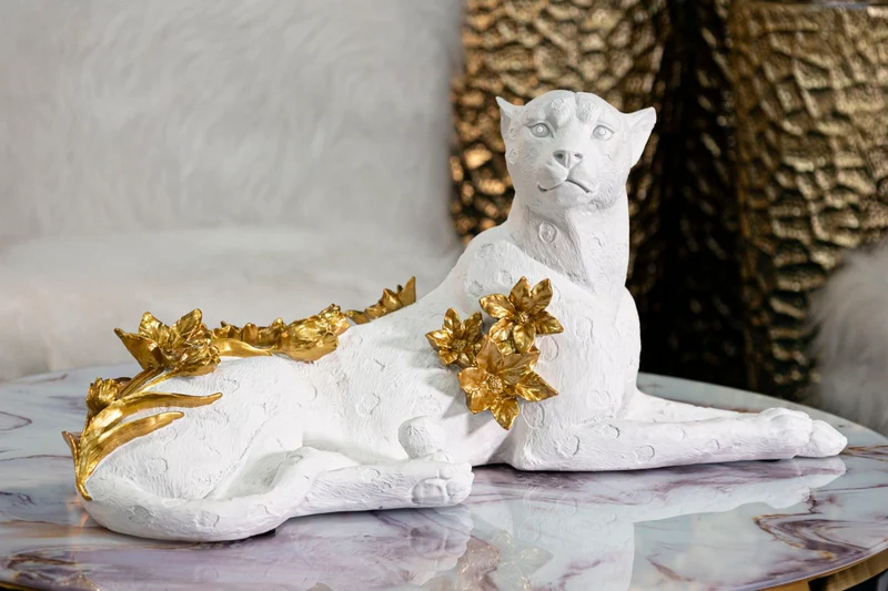 Decorazione Leopardo 53x21,5x24 in Resina Bianco e Oro