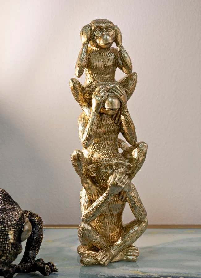 Decorazione Scimmie Tower Ø10,5x30 in Resina Oro