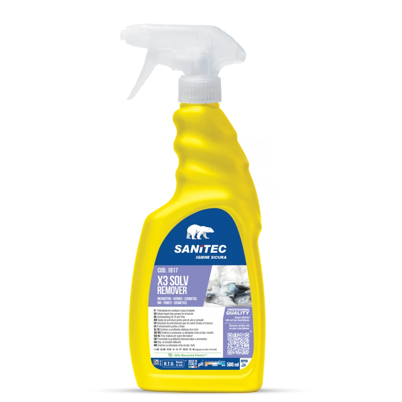 Pretrattante solvente per macchie di olio e inchiostro Sanitec X3 Solv Remover 6x500 ml DISPONIBILE IN 7 GIORNI LAVORATIVI