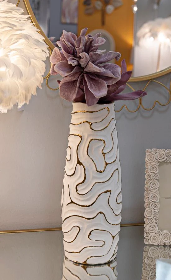 Vaso Lia Ø14,5x39,5 cm in Ceramica Bianco e Oro